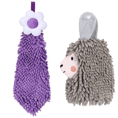 REGALWOVEN Soft Absorbent Flower Pattern and Sheep Pattern Chenille Hand Towel with Loop 6" x 15"/7" x 11" 2 Pcs