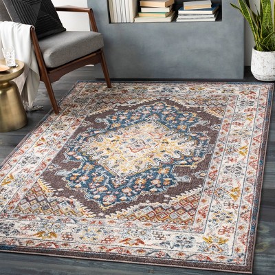 Ankara Dark Brown Synthetic Oriental Medallion Area Rug, 6'7" x 9'
