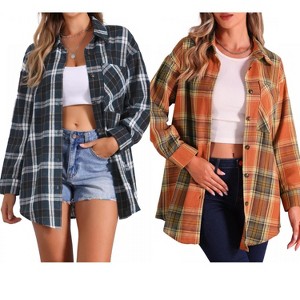 INSPIRE CHIC Women's Vintage Plaid Flannel Long Sleeve Button Down Collar With Pocket Casual Shirts 2 Packs - 1 of 4