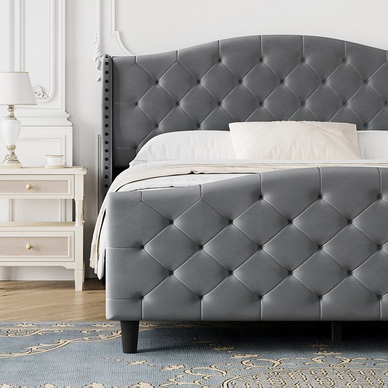 Whizmax Tufted Upholstered Platform qUEEN Bed Frame with Headboard and Footboard, Velvet Platform Bed Raised Wing Back Headboard, Grey, 5 of 8