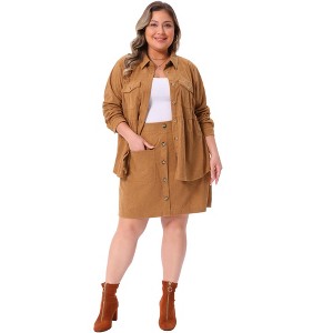 Agnes Orinda Women's Plus Size 2 Piece Corduroy Long Sleeve Peplum Shirts and Elastic Waist Button Down Mini Skirt Set with Pockets - 1 of 4