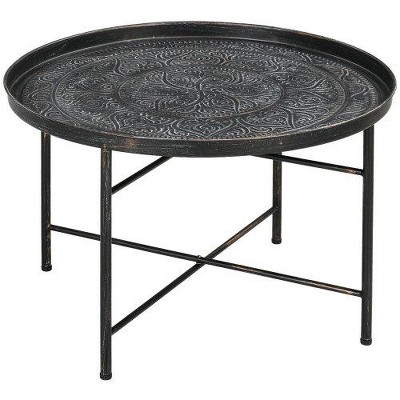 SYFERLORY 24" Round Coffee Table with Hammered Tray Top, Vintage Metal Center Table for Living Room, Bedroom, Side Table, Pewter