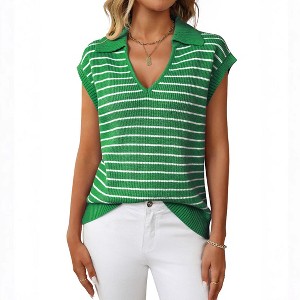 Summer Tops for Women Lapel Collar V Neck Short Sleeve Ribbed Knit Sweater Pullover Striped Sweater with Cap Sleeve Lapel Neck Sweater Vest - 1 of 4