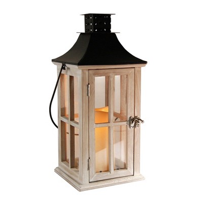 Wooden LED Lantern With Black Roof And Battery Operated Candle White - LumaBase