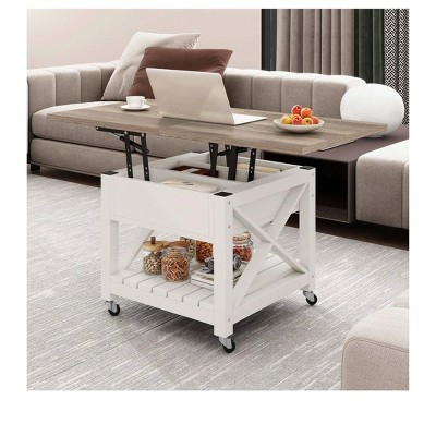3-In-1 Lift Top Square Coffee Table With Wheels Stools Multi-Function 2 Tier Dining Table With Hidden and Open Storage Living Room Dining Room