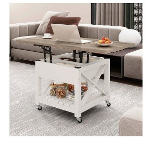 3-In-1 Lift Top Square Coffee Table With Wheels Stools Multi-Function 2 Tier Dining Table With Hidden and Open Storage Living Room Dining Room - 1 of 4