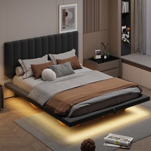 Queen Size Lift Up Floating Bed Frame with LED Light and USB Port, Velvet Upholstered Queen Hydrualic Platform Bed with Headboard - 1 of 4