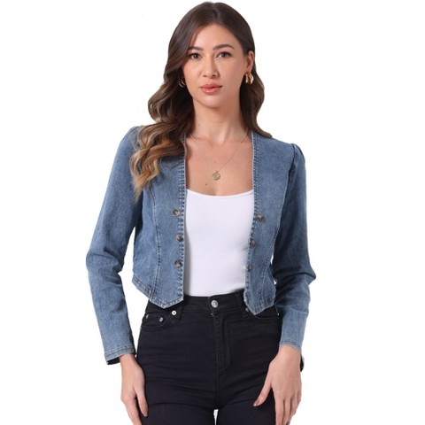 Allegra K Women's Collarless Open Front Casual Crop Denim Jackets Large Dusty Blue