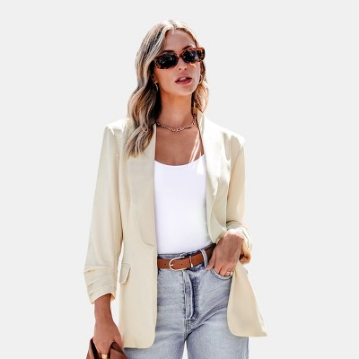 Women's Beige/Sage Green Collared Long Sleeve Blazer - Cupshe