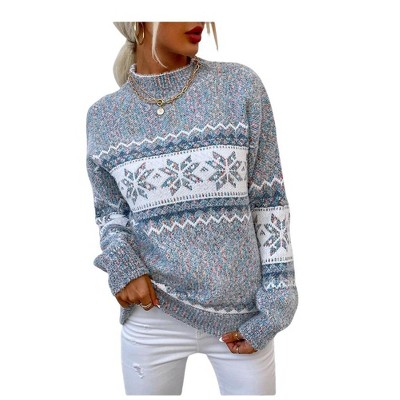 Women's Fair Isle Pattern Mock Neck Sweater - Loose Fit Knit Pullover for Casual Winter Wear