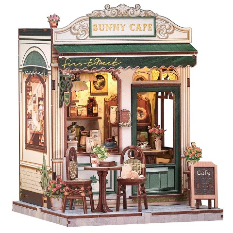 Детские куклы Etokfoks DIY Miniature Coffee Shop Book Nook Kit 233 pcs 3D Wooden Puzzle Mini House Building Kit with LED for Bookshelf Decor