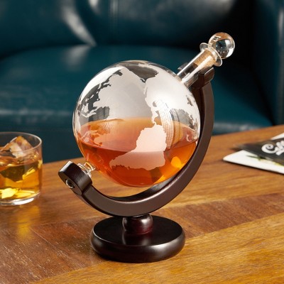 Viski Globe Etched Glass Whiskey Decanter with Wooden Stand