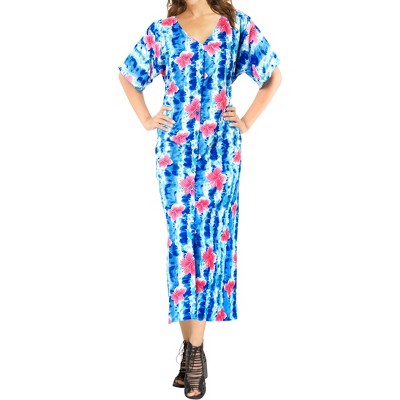 LA LEELA Women's Dress Summer Holiday Beachwear Bathing Suit Button Up Beach Long Shirts Cover ups Night T Shirt Large-X-Large Blue, Floral