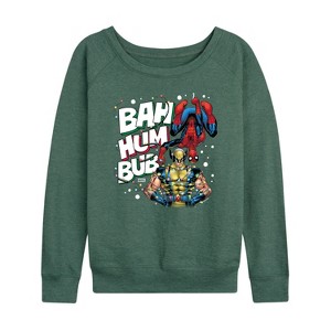 Women's - Marvel - Bah Hum Bub Wolverine And Deadpool Lightweight French Terry Wide Neck Long Sleeve Shirt - 1 of 4