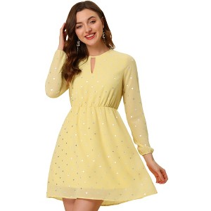 INSPIRE CHIC Women's Choker V Neck Vintage Flared Gilding Metallic Shiny Star A-Line Dress - 1 of 4