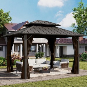 HAPPATIO Outdoor Hardtop Gazebo, Double Galvanized Steel Roof Gazebo with Aluminum Frame, Curtains and Netting - 1 of 4