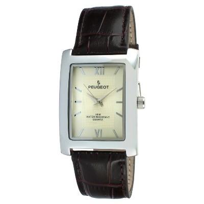 Men's Peugeot Rectangular Leather Strap Watch - Brown