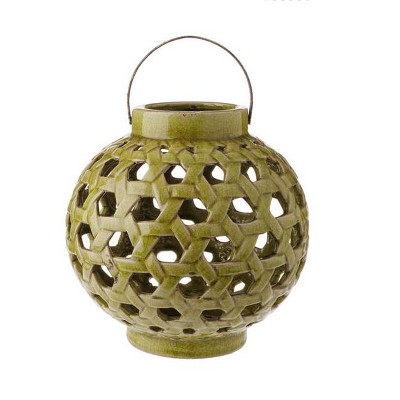 Raz Imports 10.25" Tea Garden Caladium Leaf Green Glazed Terracotta Crackled Decorative Pillar Candle Lantern