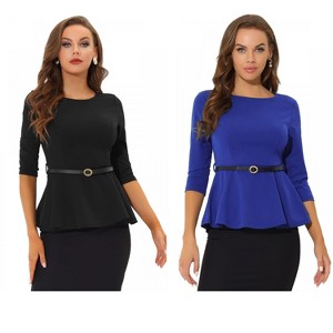 INSPIRE CHIC Women's 3/4 Sleeve Belted Elegant Business Work Peplum Top 2 Packs - 1 of 4