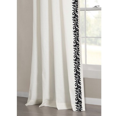 Luxury Modern Flower Linen Like Embroidery Border Window Curtain Panel Off White/Black Single 52X84
