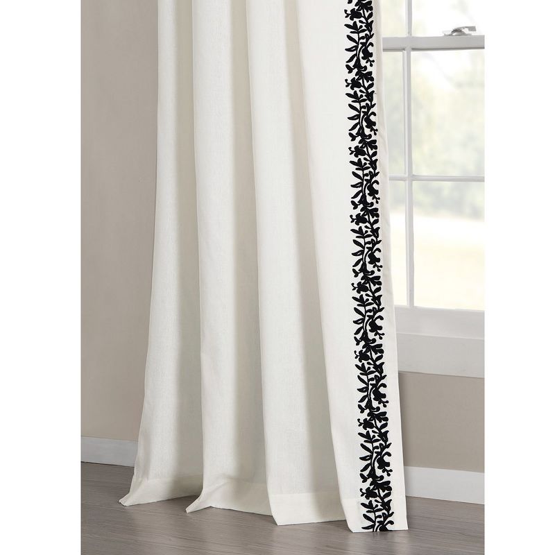 Luxury Modern Flower Linen Like Embroidery Border Window Curtain Panel Off White/Black Single 52X84, 2 of 7