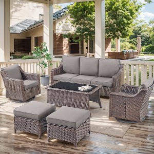 6 Pieces Rattan Patio Furniture Set, Patio Sofa Set Outdoor Conversation Set with Patio Swivel Chairs Ideas for Porch Deck - 1 of 4