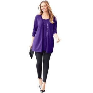 Catherines Women's Plus Size Black Label Sequin Trim Tank Cardigan Duet - 1 of 4