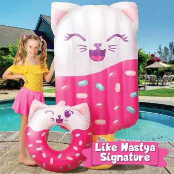 2 Pcs Like Nastya Inflatable Pool Floats Set, Includes Giant Cat Ice Cream Raft with Glitters and Cat Mermaid Swimming Tube for Kids Party Toys