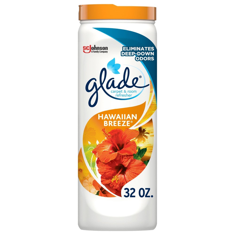 Glade Carpet & Room Refresher Hawaiian Breeze - 32oz Keep your floors at their most lovable with Glade Carpet and Room. Eliminate deep down odors on carpets and rugs, and freshen your home with a variety of Glade fragrances to ensure you always have something soft and loving to welcome you home. Say “Aloha” to an instant vacation with Glade Hawaiian Breeze. When cool ocean winds meet the scent of fragrant tropical fruits, pineapple, and plumeria, you won’t even have to leave the neighborhood to get lost in paradise. DIREctIONS FOR USE: Sprinkle evenly over carpeted area. Wait a few minutes and vacuum thoroughly. Avoid use on wet or damp areas. Keep children and pets away from area being treated until vacuuming is completed. USES: Use on upholstery, clothing, carpets and rugs. WARNINGS: WARNING: Keep out of reach of children and pets. INGREDIENTS: Carrier, Flow Agent, Fragrance, Odor Eliminator. SCJ Formula #35*3806