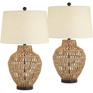 360 Lighting San Marcos 27" Tall Modern Coastal Table Lamps Set of 2 Natural Wicker Metal Oatmeal Shade Living Room Bedroom Bedside Nightstand House - 1 of 4