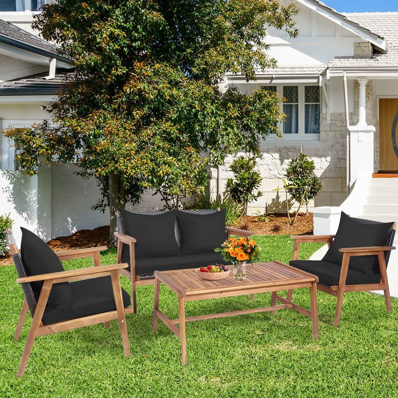 Costway 8PCS Patio Rattan Furniture Set Wooden Cushioned Sofa with Black & Turquoise Cover, 4 of 11