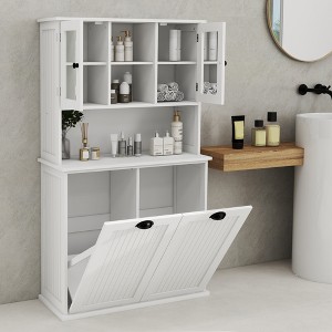 GlasFlength Decorative Storage Cabinet Tall 2-Compartment Tilt-Out Laundry Basket with Shelves, For Bathroom and Laundry, White, 32.68"*14.57"*59.69" - 1 of 4