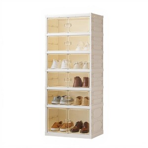 Shoe Boxes, Stackable Foldable Shoe Cabinet with Magnetic Door Design, Plastic Shoe Storage for 12 Pairs Space-Saving Organizer, White - 1 of 4