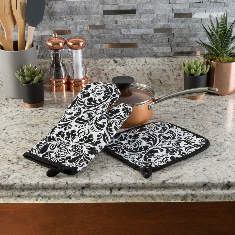Oven Mitt And Pot Holder Set, Quilted And Flame And Heat Resistant By Hastings Home (Black), 2 of 6