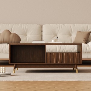 ATJafurn 47" Mid Century Modern Coffee Table Suitable Wooden Coffee Table with 2 Drawers and Open Storage for Living Room Apartment, Walnut - 1 of 4