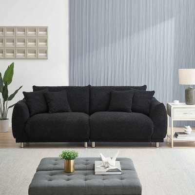 3-Seater Teddy Fleece Sofa, Compact Design Sofa with Modern Metal Legs and Throw Pillows, Sofa with Sponge Filling Cushions-Coolbibila