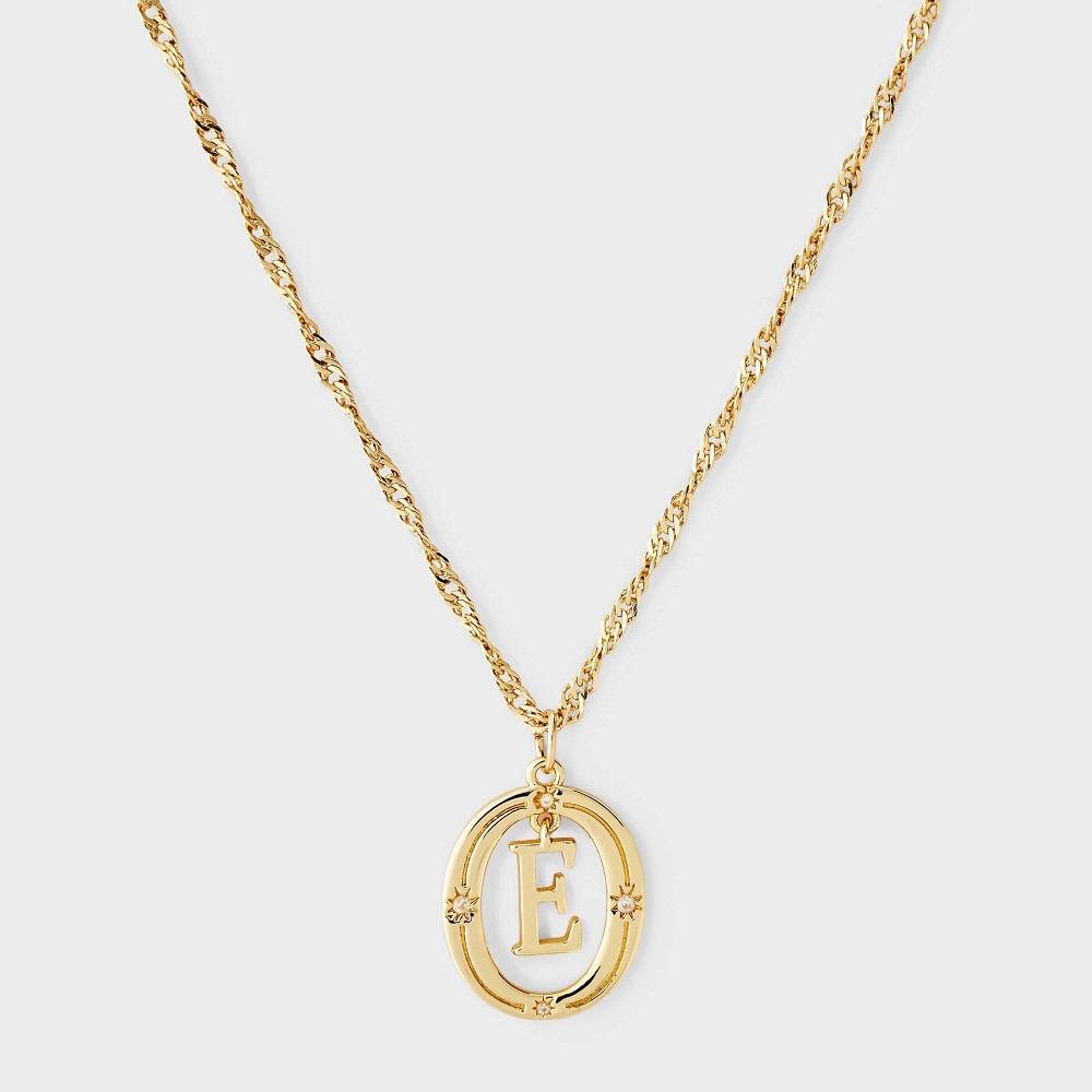 Photos - Pendant / Choker Necklace 14k Gold Dipped Cubic Zirconia Letter "E" Open Oval Initial Pendant Necklace - A New Day™ Gold