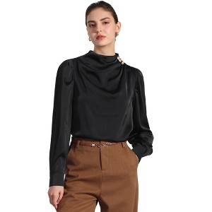 Allegra K Women's Satin Mock Neck Pleated Puff Sleeve Blouse - 1 of 4