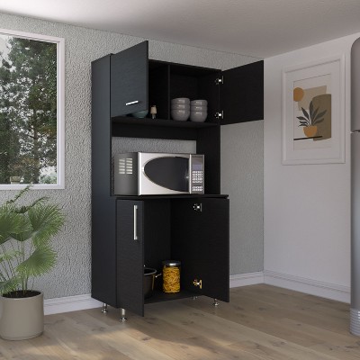 Black Engineered Wood Kitchen Pantry Cabinet with Adjustable Metal Legs