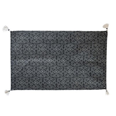 2'x3' Boho Black Abstract Floral Geometric Pattern Rug w/ Tassels