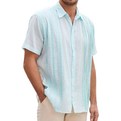 Men's Cotton Linen Shirts Relaxed Fit Short Sleeve Beach Button Down Shirt Button Up Pleats Guayabera Shirts