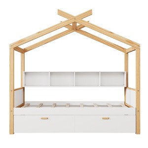 Gulches Twin Size Wooden House Bed with 2 Drawers & 4 Built-in Bookshelves, White & Natural Wood Frame, Kids/Guest Room, Easy Assembly - 1 of 4