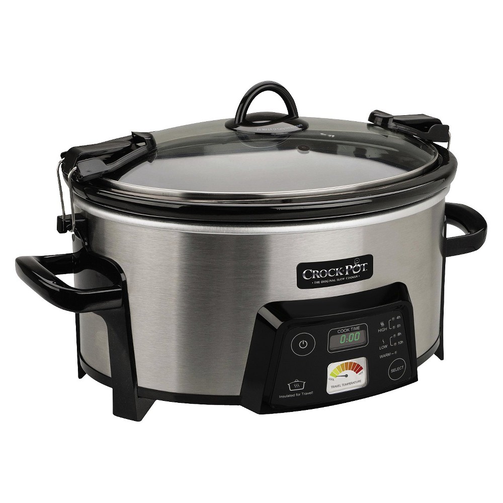 Crock-Pot Cook &amp;#38; Carry Digital Slow Cooker with Heat Saver Stoneware, Brushed Stainless Steel, SCCPCTS605-S