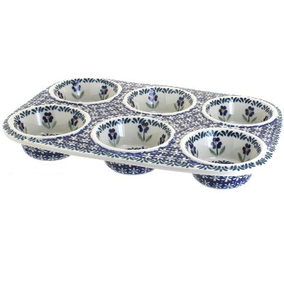 Blue Rose Polish Pottery Blue Daisy Muffin Pan