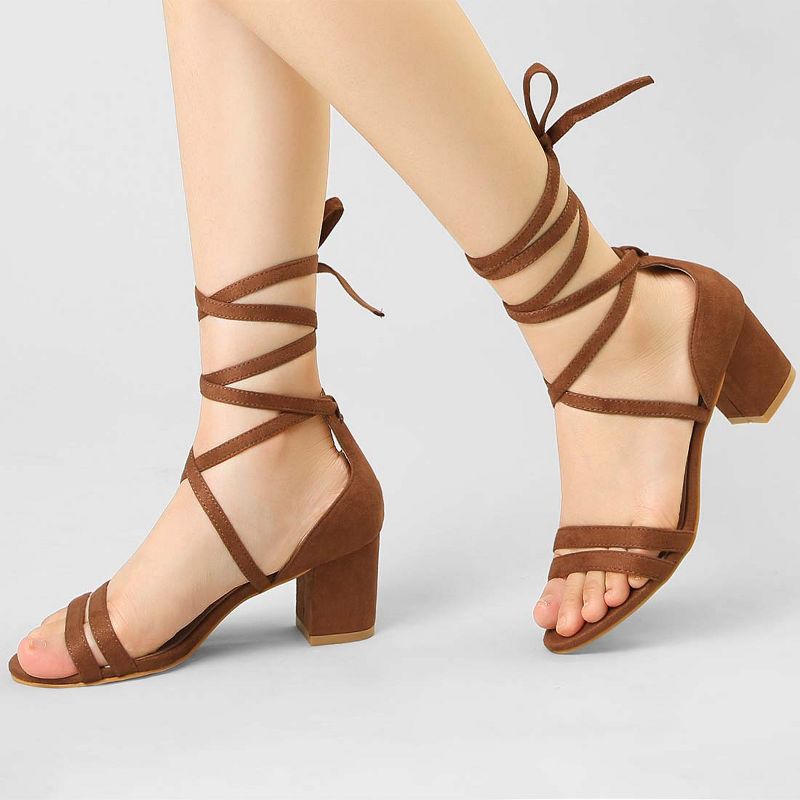 Allegra K Women's Faux Suede Open Toe Color Block Heel Lace Up Sandals, 2 of 8