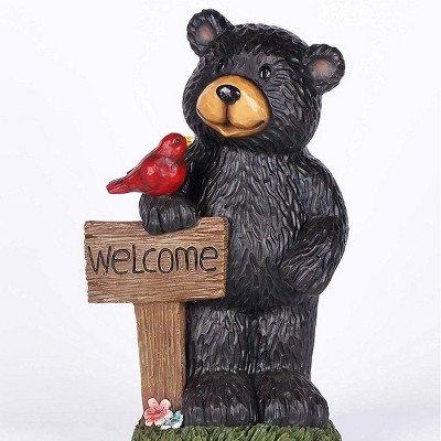 18.5" Polyresin Bear Holding a Welcome Sign with Red Bird Black - Hi-Line Gift