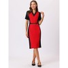 Hobemty Women's Contrast Color V Neck Short Sleeve Office Pencil Sheath Dresses - 2 of 4