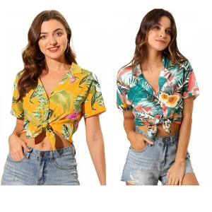 Allegra K Women's Hawaiian Floral Leaves Printed Short Sleeve Button Down Vintage Shirt 2 Pcs - 1 of 4