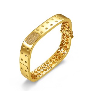 14K Gold-Plated Bangle Bracelet with Cubic Zirconia and a textured geometric square design, combining modern elegance with radiant sparkle. - 1 of 2