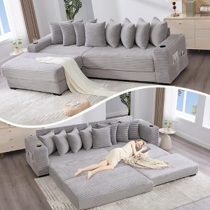 110.75" Modular L-Shaped Sofa Bed, Corduroy Sectional Couch with Footstool, 8 Pillows, Cup Holders & Side Pockets, Sleeper Sofa for Living Room - 1 of 4